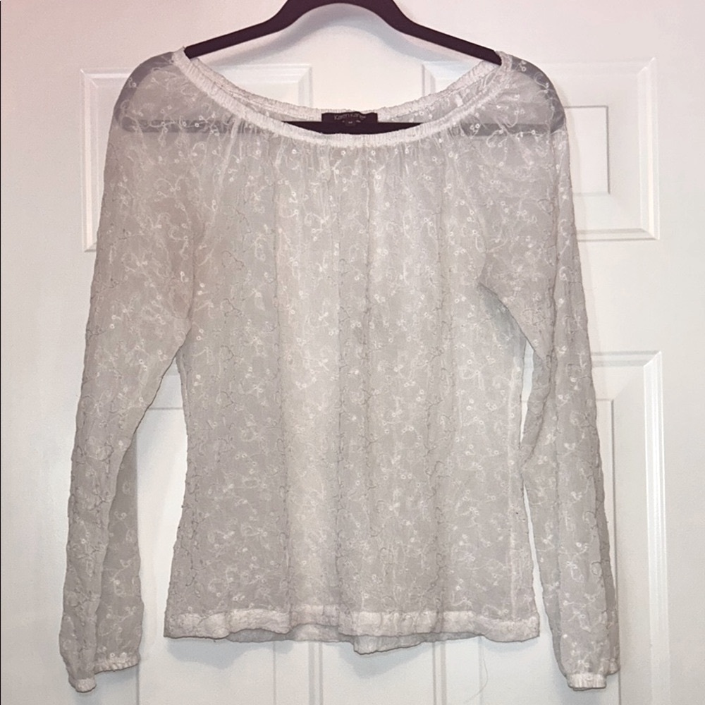 Karen Kane Embroidered Lace Sheer Women's LS Top L White Romantic Feminine